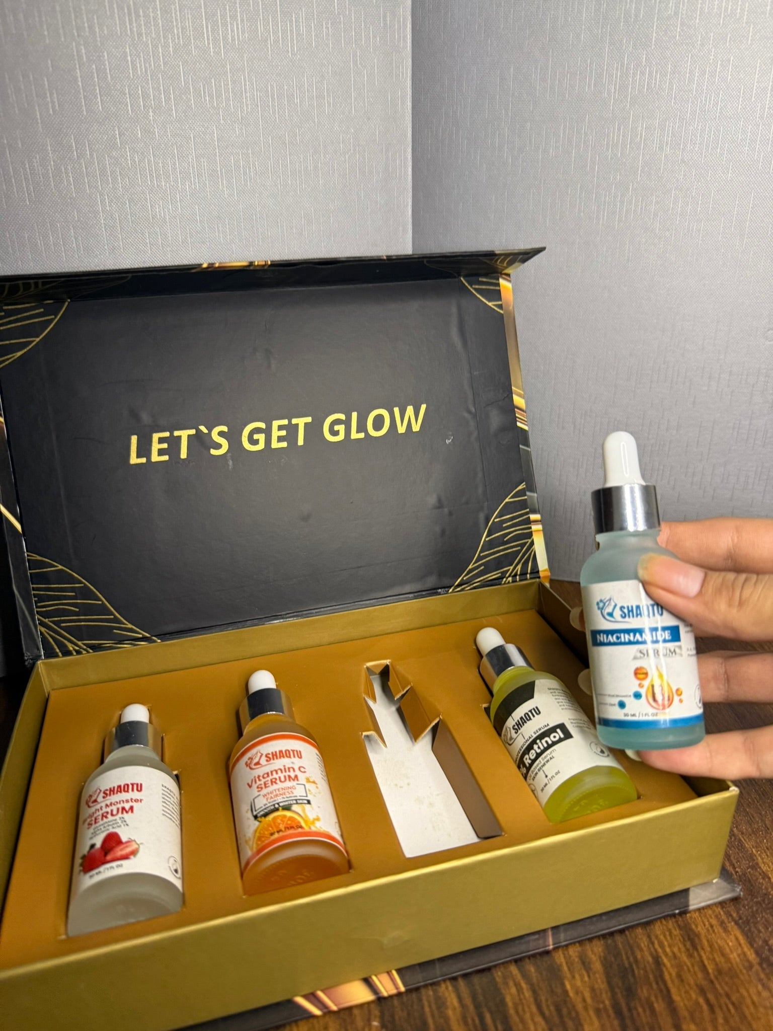 Professional skincare kit with Vitamin C, Retinol, Niacinamide, and Bright Monster serums